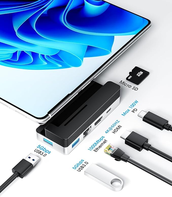 BYEASY Surface Pro 9 Docking Station 6-in-2 USB-C Hub with 4K@60Hz HDMI 100W PD Charging 1000M Ethernet LAN 2 USB 3.0 Ports and TF Card Reader - Designed for Surface Pro 9