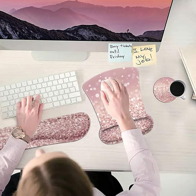 Ergonomic Mouse Pad Wrist Support Gel and Keyboard Wrist Rest Set Pink Glitter Design for Laptop Mac Gaming and Office Durable Comfortable and Pain Relief + Coaster