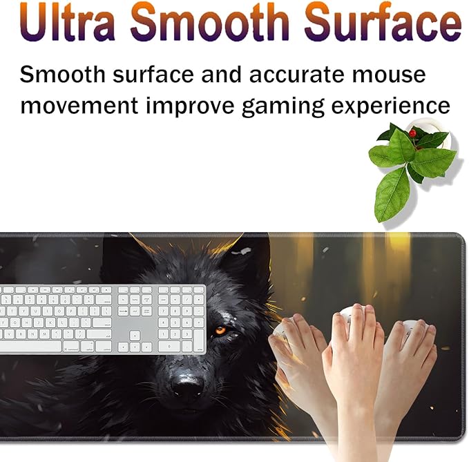 Large XXL Gaming Desk Mat 31.5x 11.8 Ergonomic Keyboard Wrist Rest &amp Mouse Pad Wrist Rest + Coaster Set Non-Slip Base Memory Foam Office and Home Black Wolf