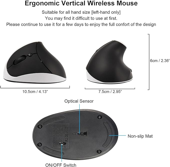 CHUYI Left-Handed Mouse Ergonomic Vertical Rechargeable Wireless Mouse 6 Buttons Optical and Portable Wireless Office Mice with USB Receiver for PC Computer Laptop (Black &amp White)