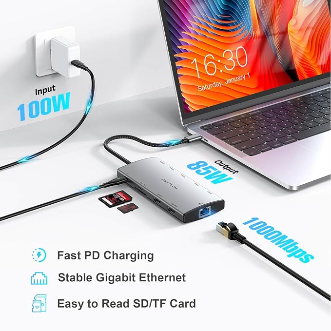 USB C Docking Station Dual Monitor RSHTECH 11-in-1 USB C Hub Multiport Adapter with 2 HDMI 4K/8K 3 USB 3.2 Ports 10Gbps(2C+1A) 2 USB 3.0 Ports 100W PD Gigabit Ethernet SD/TF Card Reader
