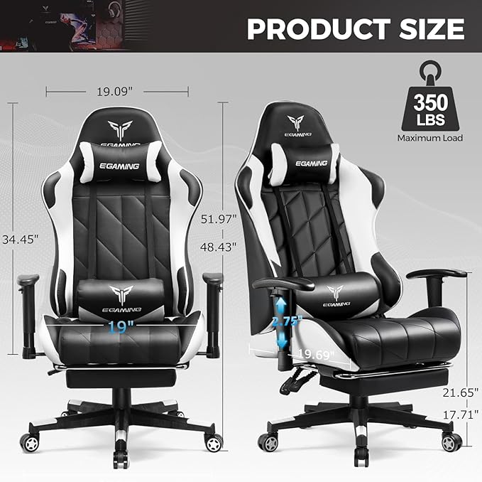 Gaming Chair Big and Tall Video Game Chair with High Back PU Leather Home Office Ergonomic Computer Chair with Footrest Adjustable Height 360° Swivel Wheels for Adults and Teens (White)