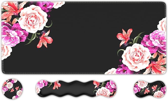iLeadon Mouse Pad Set Desk Mat + Mouse Pad with Wrist Rest + Keyboard Wrist Rest + Coaster Mouse and Keyboard Pad Set with Stitched Edge &amp Non-Slip Base Desk Pad Mat for Work Gaming Peony Flow
