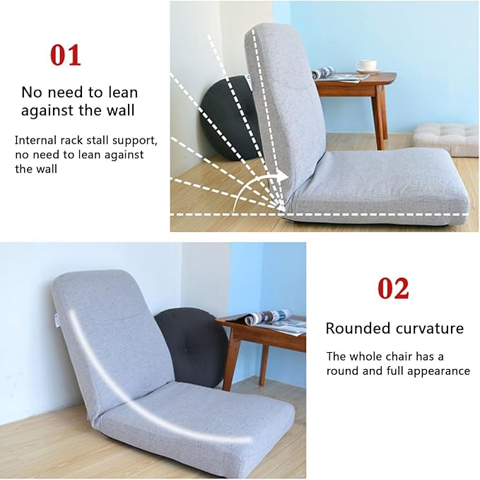 Floor Chair with Back Support Folding Sofa Chair with 5 Adjustable Position Padded Sleeper Bed Couch Recliner Floor Gaming Chair Silver-50x118cm