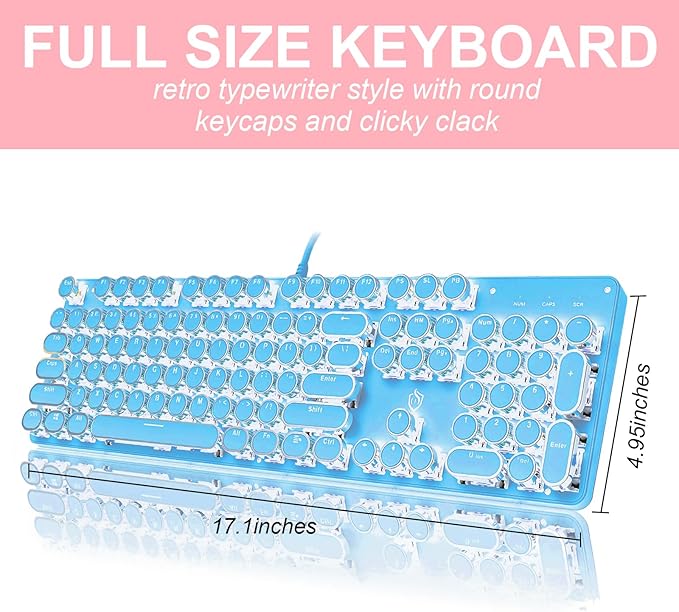 Typewriter Style Mechanical Gaming Keyboard RGB Backlit Wired with Blue Switch Retro Round Keycap 104 Keys Keyboard (Blue 104 Keys LED)