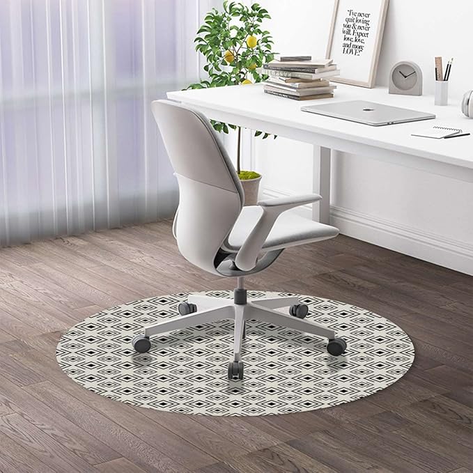 Black White PU Leather Floor Protector Office Chair Mat Round mat Geometric Vertical Square Shaped Gaming Chair Mat Protects Hardwood Floors Chairs Move Smoothly Abstract Diameter 35.4 in