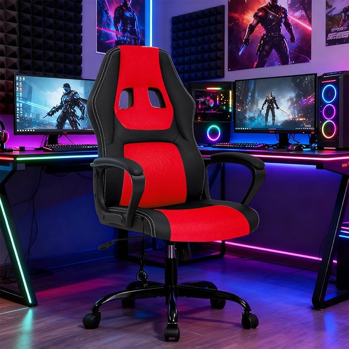 BestOffice Gaming Chair with Massage Ergonomic Office Desk Chair Adjustable Lumbar Support &amp HeadrestComputer Task Chair 360° Swivel for Adults (Red)