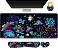 AIMSA Large Gaming Mouse Pad Set Keyboard Wrist Rest Support+ Extended Mousepad+ Mouse Wrist Cushion+Coaster Ergonomic Multifunctional Desk Mat 35x15.7in Colorful Abstract Mushrooms