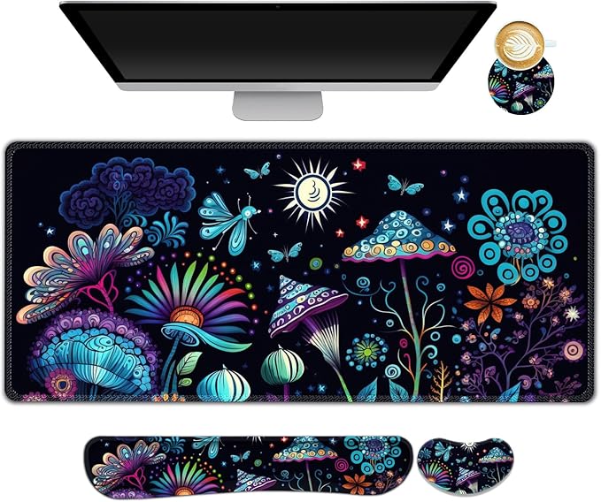 AIMSA Large Gaming Mouse Pad Set Keyboard Wrist Rest Support+ Extended Mousepad+ Mouse Wrist Cushion+Coaster Ergonomic Multifunctional Desk Mat 35x15.7in Colorful Abstract Mushrooms