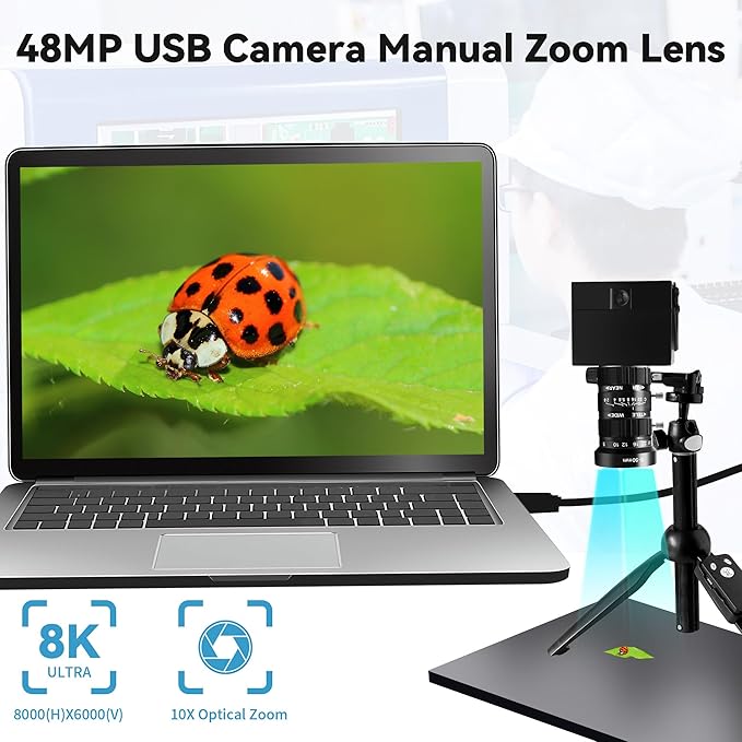 48MP USB Webcam 8K Ultra HD Color Camera with 5-50mm 10X Manual Optical Lens 6000P Industrial Security Video Camera Close-Up Zoom Function Plug-and-Play for Windows Linux Mac OS