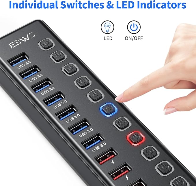 Powered USB Hub JESWO 11-Port USB 3.0 Hub (7 Data Transfer Ports + 4 Smart Charging Ports) with Individual LED On/Off Switches USB Hub Powered with 12V/3A Power Adapter for Mac PC