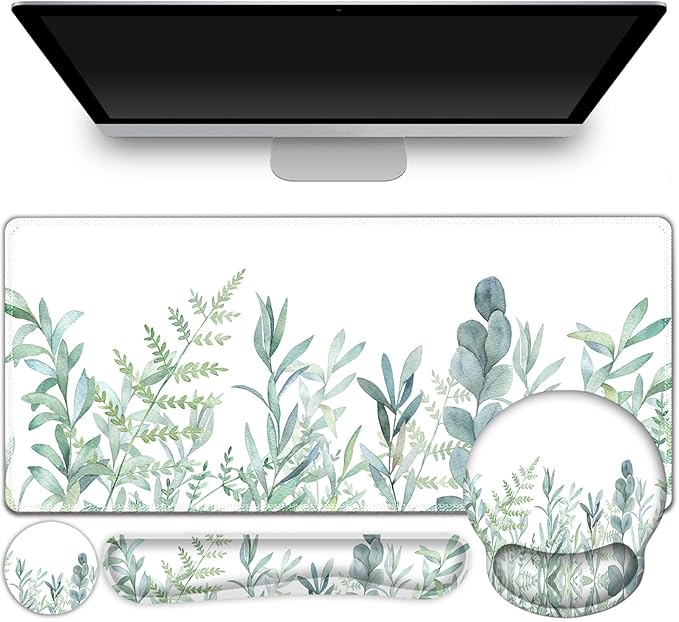 ToLuLu Desk Mat XXL Large Mouse Pad Wrist Support Set4 in1 Gaming Mousepad Desk Pad+ Ergonomic Mouse Pad with Wrist Rest + Keyboard Wrist Rest+Coaster for Home Office Computer Table Green Grass
