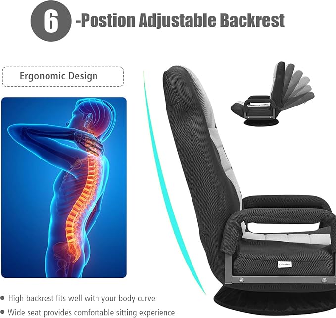 GOFLAME Swivel Gaming Floor Chair 360 Degree Folding Chair with Adjustable 6-Position Backrest and Armrest Lazy Sofa Lounger for TV Reading Playing Video Games (Black/Grey)