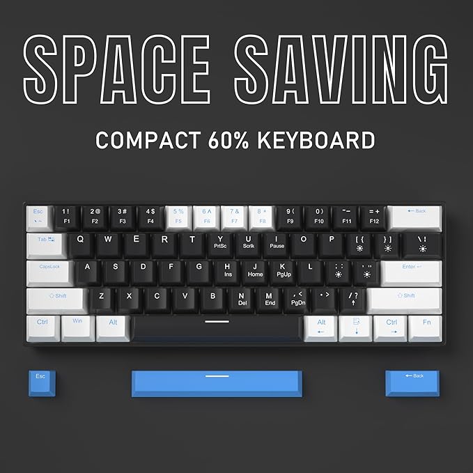 Camiysn 60% Mechanical Gaming KeyboardWhite Black Blue Keycaps Gaming Keyboard with Linear Red Switch Detachable Type-C Cable Mini Keyboard with Blue LED Light for Windows/Mac/PC/Laptop