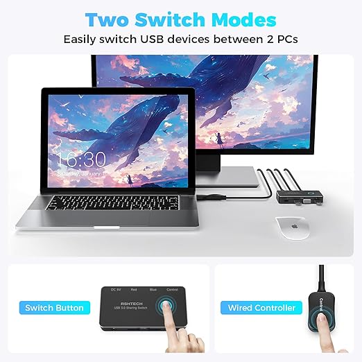 RSHTECH USB 3.0/USB C Switch 2 Computers Share 4 USB 3.0 Data Ports(3 USB-A+1 USB-C) USB Switcher Selector with 2 Cables and Controller for PC Laptop Keyboard Mouse and Printer