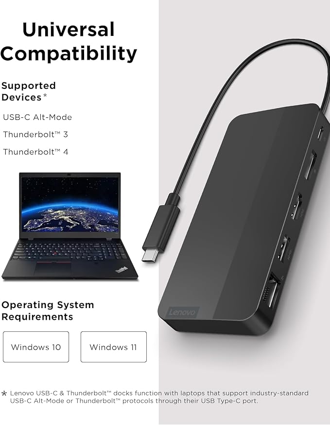 Lenovo USB-C Dual Display Travel Dock w/ 100W Power Adapter - 7 Ports Integrated USB-C Cable Universal Compatibility Dual Displays at 4K - Black