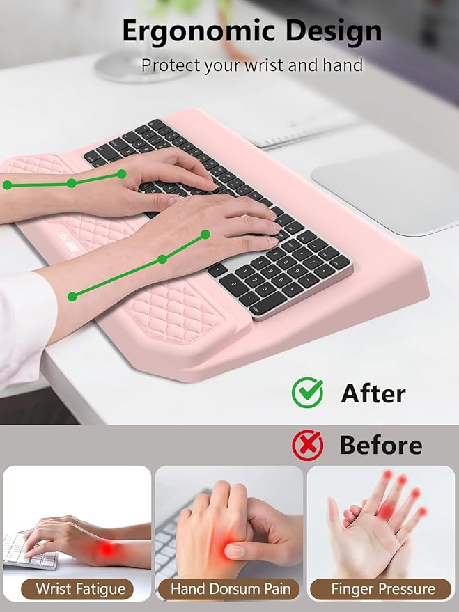 2-in-1 Ergonomic Keyboard Stand with Wrist Rest Comfy Keyboard Riser Holder with Massage Design Pink