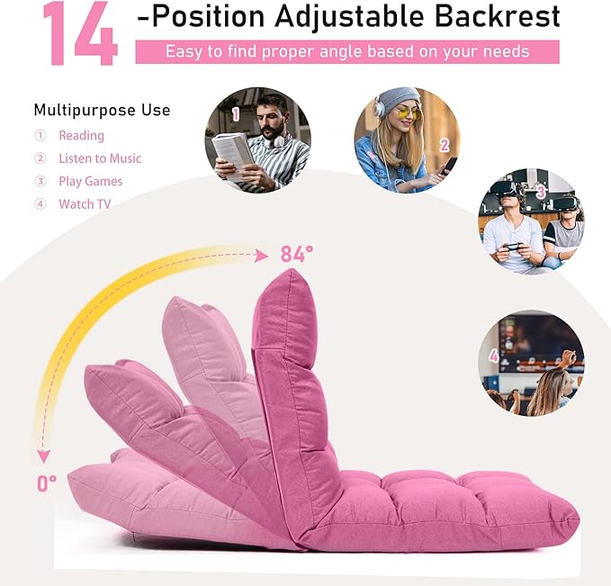MAT EXPERT 14-Position Floor Chair Floor Gaming Chair w/Resilience Sponge Alloy Steel Frame Padded Bed Couch Recliner Floor Chair with Back Support for Reading Meditating (Pink)