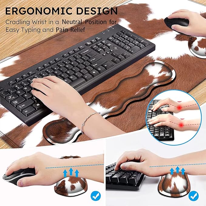 Large Mouse Pad and Gel Mouse Wrist Rest+ Memory Foam Keyboard Wrist Rest Support Set Non-Slip Rubber Base for OfficeHomeComputerExtended Gaming Mousepads XXL Animal Skin Brown Cowhide Desk Mat