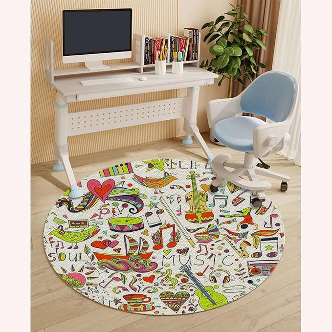 Multicolor PU Leather Office Chair Mat for Hardwood Floor 70s Party Peace Sign Under Desk Low-Pile Office Rug Large Anti-Slip Multi-Purpose Colorful Diameter 47.2 in