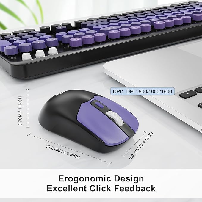 Wireless Keyboard and Mouse Combo 2.4 GHz Wireless Full-Sized Typewriter Keyboard with Round Keycaps for Windows Computer Desktop PC Laptop (BlackPurple)