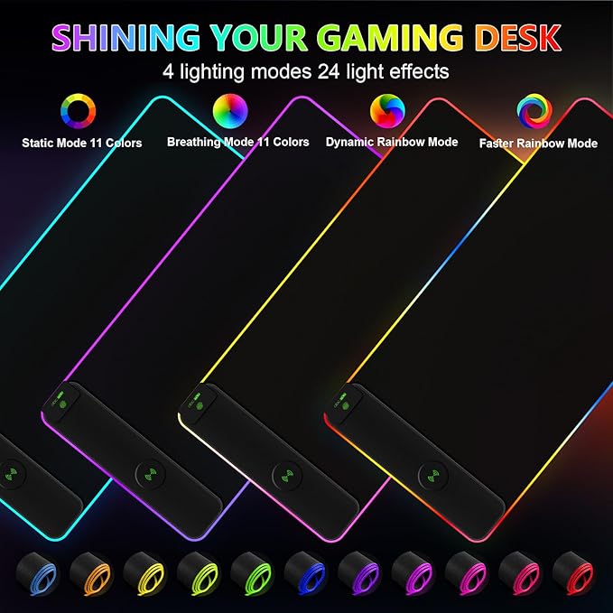 Magnetic Wireless Charging RGB Mouse Pad 31.5'' x 15.8'' Large LED Gaming Desk Mat 24 Light Effects Non-Slip Rubber Base Waterproof Ultra-Smooth Surface