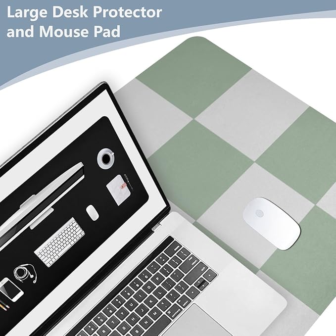 Mouse Pad Desk Mat Leather Desk Pad Large Gaming Desk Cover Protector Mat for Keyboard Computer Laptop Office Waterproof 47.2 x 23.6 Inch Checkered White and Green