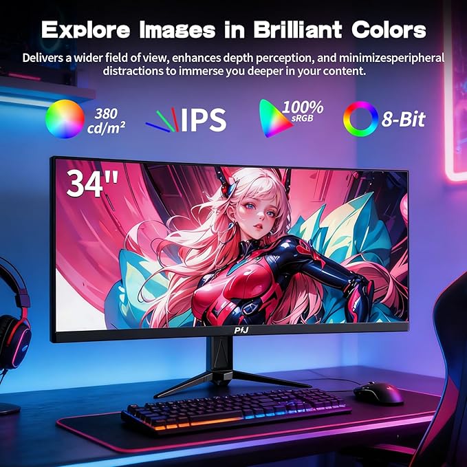 PIJ Gaming Monitor 34 inch IPS 165Hz Ultrawide PC Screen 3440×1440P Ultra-Thin Zero Frame Computer Display for Home Office Business DP HDMI Wall-Mounted Black
