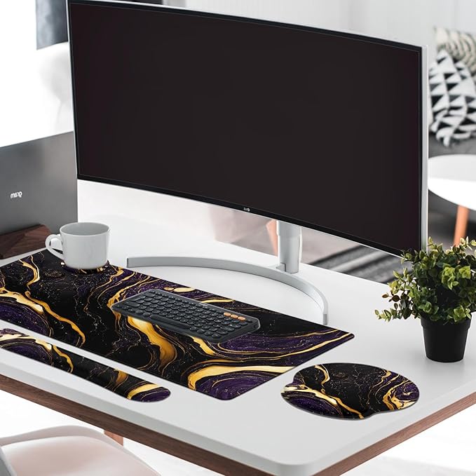 Britimes Purple Black Gold Marble Keyboard Mouse Pad Set 4in1 Large Mousepad+Keyboard Wrist Rest+Mouse Wrist Rest+Coaster Ergonomic Design for Home Office Computer 35.4x15.7 inches