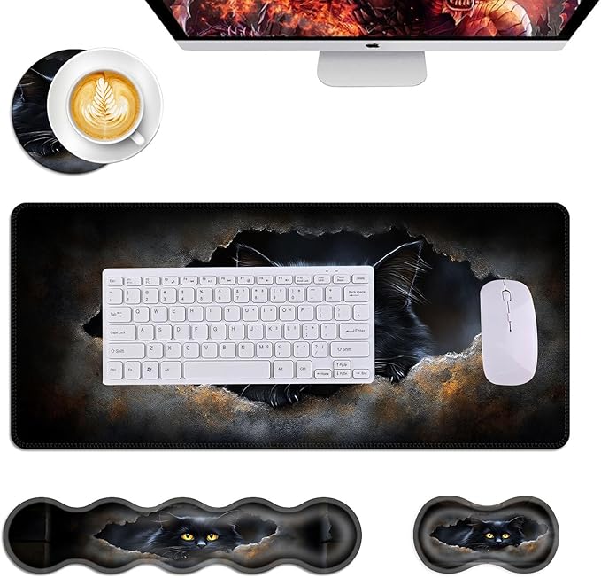 Mouse PadLarge Desk Mat Set 4in1 XL Mousepad + Keyboard Wrist Rest+Mouse Wrist Rest+Coaster with Ergonomic Desk Pad for Home Office Table Computer Cover -Black Cat with Yellow Eyes