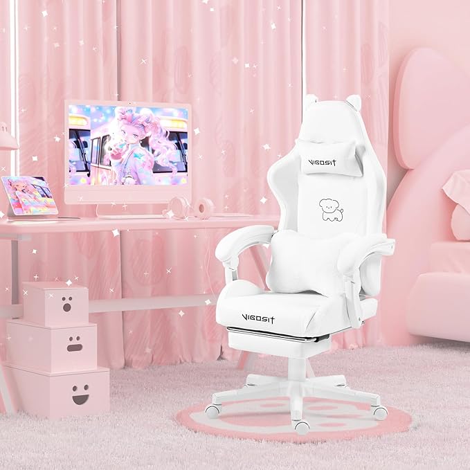 Gaming Chair Cute Cat Computer Chair with Footrest and Headrest Ergonomic Gaming Office Desk Chair with Lumbar Cushion Height Adjustable 360° Swivel Recling Chairs for Adults