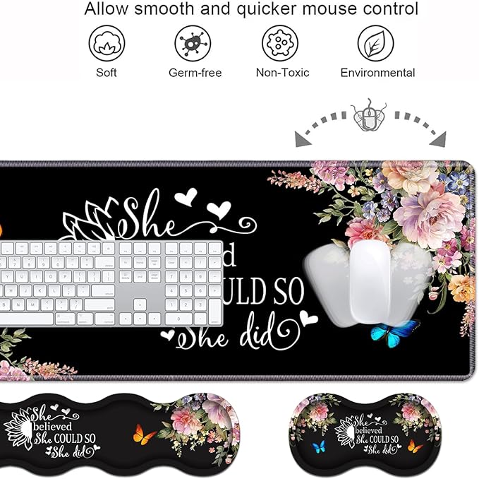 Ergonomic Keyboard Wrist Rest &amp Mouse Pad Wrist Rest Set 31.5x 11.8 Large XXL Gaming Desk Pad Memory Foam Non-Slip Desk Mat for Office &amp Home Floral Quote She Believed She Could So She Did