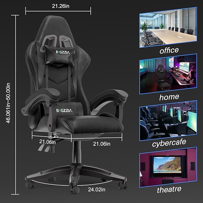 Bigzzia Gaming Chair Computer Chair with Lumbar Support Video Game Chairs for Adults Racing Style Gamer Chair with 360°-Swivel Seat and Headrest（Pure Black）
