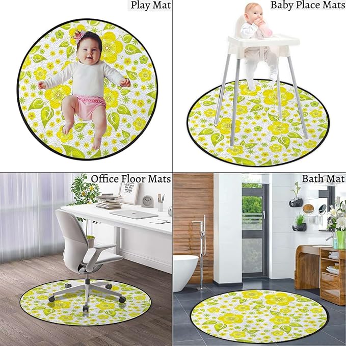 Exotic Marble Round Area Rug Throw Rugs Soft Washable Small Round Floor Mats for Bedroom Living Room Lemons Simplistic Citrus FruitsGreen Yellow White Diameter 43.3 in