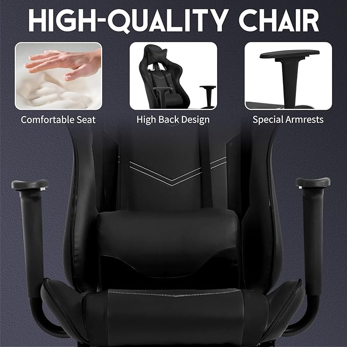 BLKMTY Massage Gaming Chair with Footrest Ergonomic Office Chair Racing Computer Chairs PU Leather with High Back Lumbar Support Headrest Reclining Chairs Black