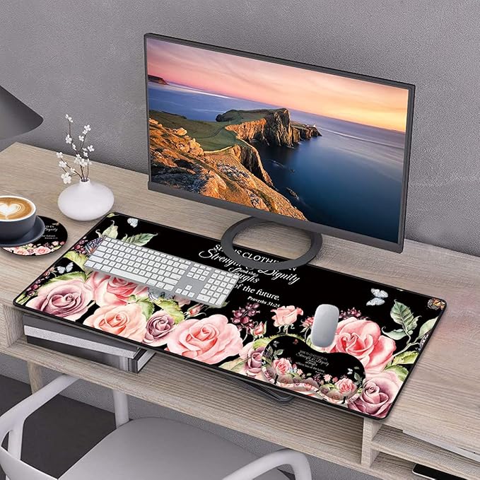 Desk Pad Gaming Mouse Pad + Wrist Rest Support Pad + Coaster 31.5 × 11.8 Durable Non-Slip Extended Computer Mouse Pad Suitable for Office and Home Bible Verses Proverbs 31:25