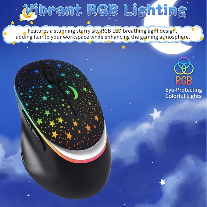 elec Space Bluetooth Wireless Mouse with Starry Sky RGB Backlight&amp Gradient Breathing Light - Ergonomic Dual Mode Rechargeable Mouse Type-C Charging - Perfect for Office Gaming &amp Travel (Bal