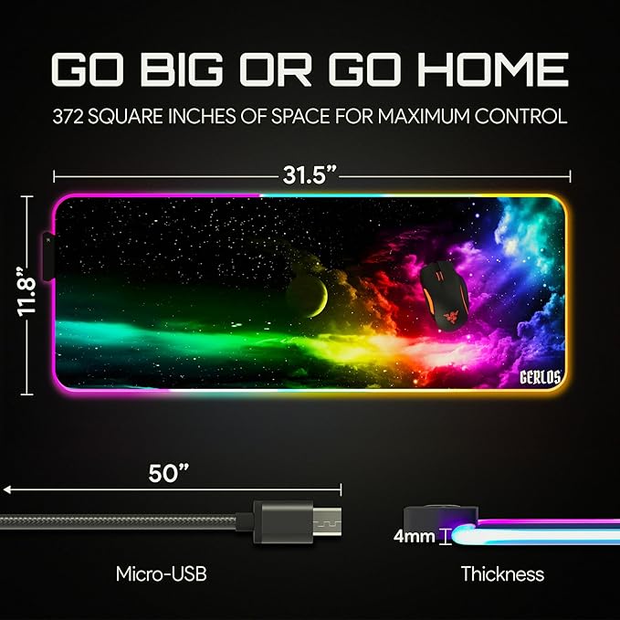 Gerlos RGB Large Gaming Mouse Pad Extended Soft LED Mouse Pad Non-Slip Rubber Base Water Resist Keyboard Pad Computer Mousepad 31.5×11.8 inches