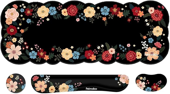 Petmolico Ergonomic Wrist Pad Set 4 in 1 with Computer Keyboard Desk Gaming PadMouse Pad with Wrist RestTyping Wrist Support and Cup CoastersNon-Slip PU Base [BlackFloral Hoop]