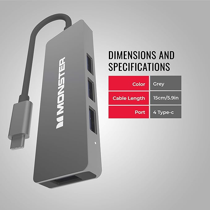 Monster USB-C 4-Port Hub - USB Type-C to 4 USB 3.0 Connectors