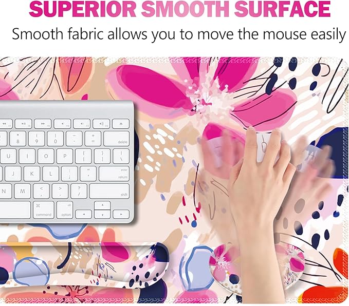 ARTSO Keyboard Wrist Rest Mouse Pad Set Extended Gaming Mouse Pad+Keyboard Wrist Support Memory Foam Ergonomic Abstract Flower Desk Pad Combo for Home Office Study Game