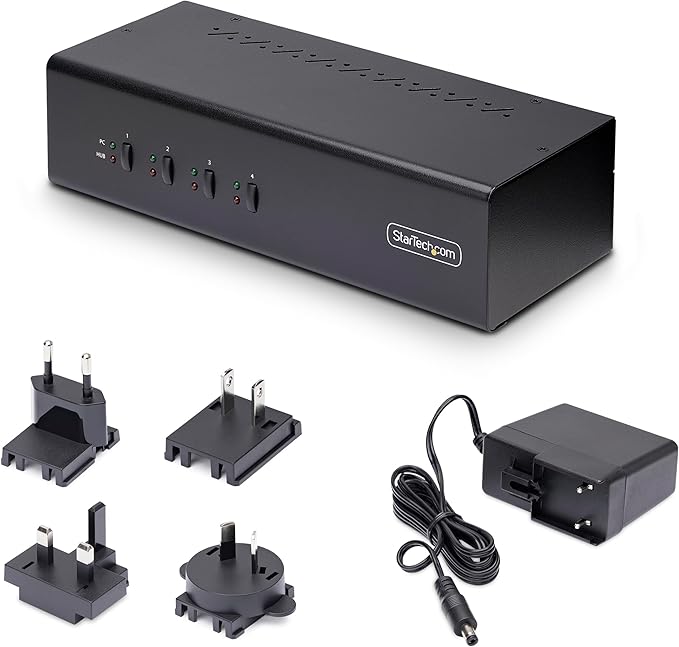 StarTech.com 4-Port Dual-Monitor DisplayPort KVM Switch 4K 60Hz 2X USB 5Gbps Hub Ports 2X USB 2.0 HID Ports Hotkey and Push-Button Switching TAA Compliant (P4DD46A2-KVM-SWITCH)
