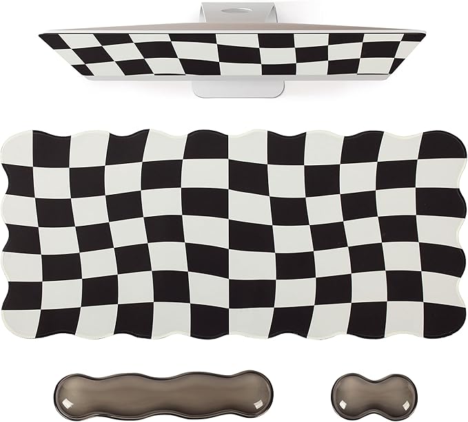 L-SPOUTTO Black Checkered Mouse Pad SetScalloped XXL Desk Mat + Ergonomic Mouse Wrist Rest + Gel Keyboard Wrist Rest for Keyboard 65%/75%3in1 Large Desk Pad for Desktop Home Office Computer Game