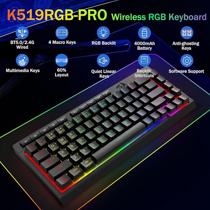 Redragon Portable Wireless Gaming Keyboard Bluetooth/2.4GHz/USB-C Wired RGB Backlit 60% Mini Quiet Macro Membrane Keyboard Rechargeable 4000mAh Battery Anti-Ghosting for Win/MAC
