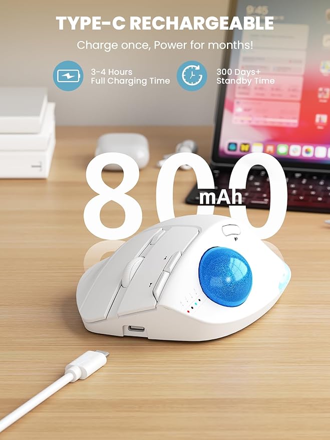 MAM1 Pro Wireless Trackball Mouse Ergonomic Bluetooth Rechargeable Computer Mouse Backlit Rollerball Thumb mice with 5 Level DPI Adjustable Angle 3 Devices Connection for PC Windows - White Mouse