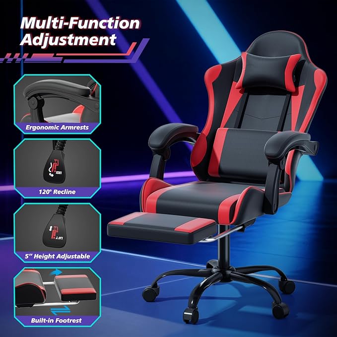 Magshion Gaming Chair Ergonomic Computer Chair with Linkage Armrests Height Adjustable Video Game Chair with Footrest and Headrest for Silla Gamer and Adults 350 Lbs Capacity Red