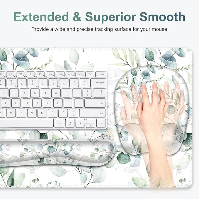 Large Mouse Pad with Wrist Support 4in1 Set XXL Big Game Mousepad +Keyboard Wrist Rest+Mouse Wrist Rest+Coaster with Ergonomic Design Gaming Mat for Home Office Computer I Eucalyptus Branches