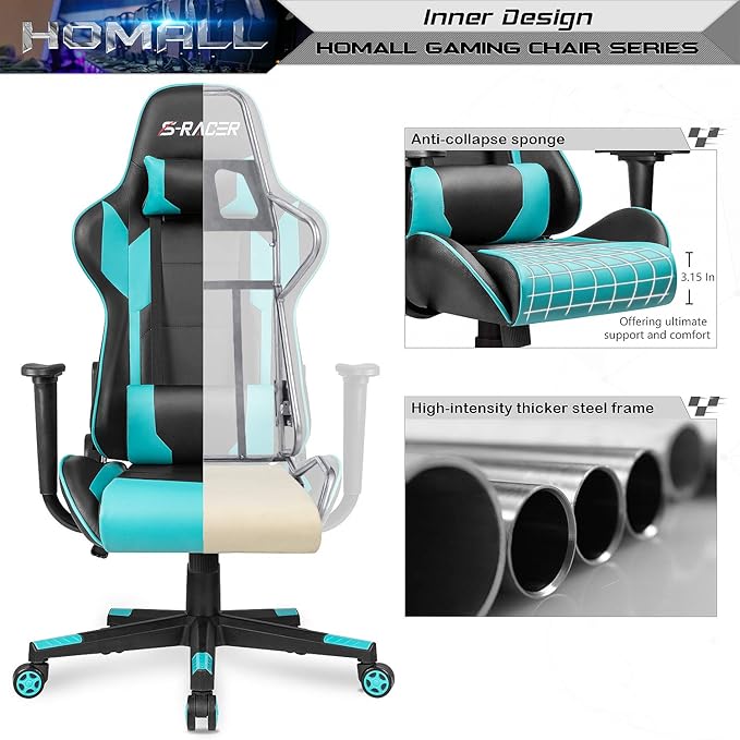 Homall Gaming Chair Office Chair High Back Computer Chair Leather Desk Chair Racing Executive Ergonomic Adjustable Swivel Task Chair with Headrest and Lumbar Support(Cyan)