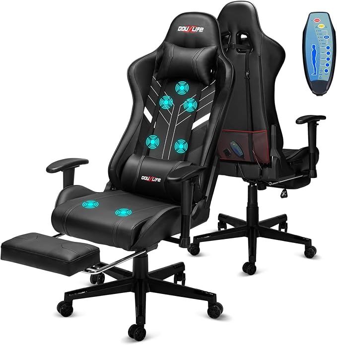 Douxlife 7-Point Massage Gaming Chair with Footrest 400lbs Heavy Duty Ergonomic Computer Chair 175° Reclining High Back Racing Seat for Adults with Adjustable Armrests &amp Lumbar Support Black