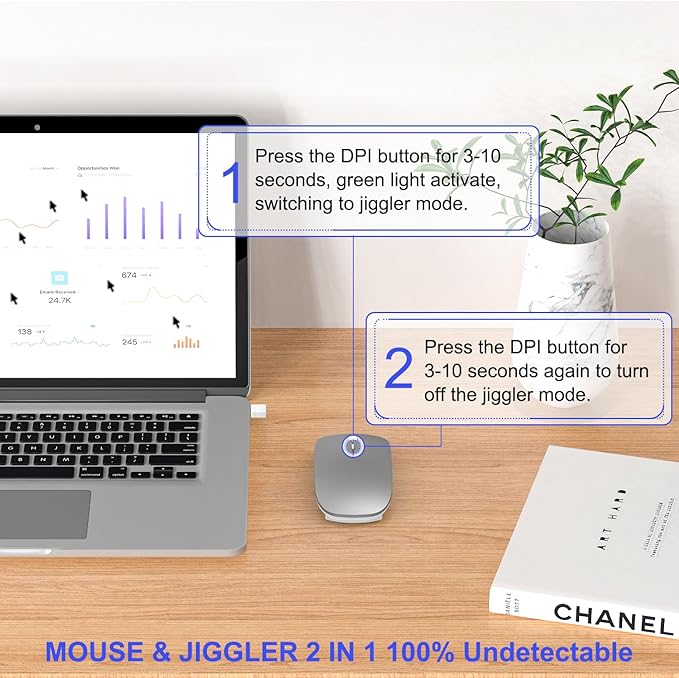Bluetooth Wireless Mouse for MacBook Air Mac Pro iPad Laptop Computer Pad Optical Rechargeable Slim Silent Dual Mode (2.4G USB-C/USB-A&ampBluetooth 5.2/3.0) Mouse Jiggler for Computer Awakening(Grey)